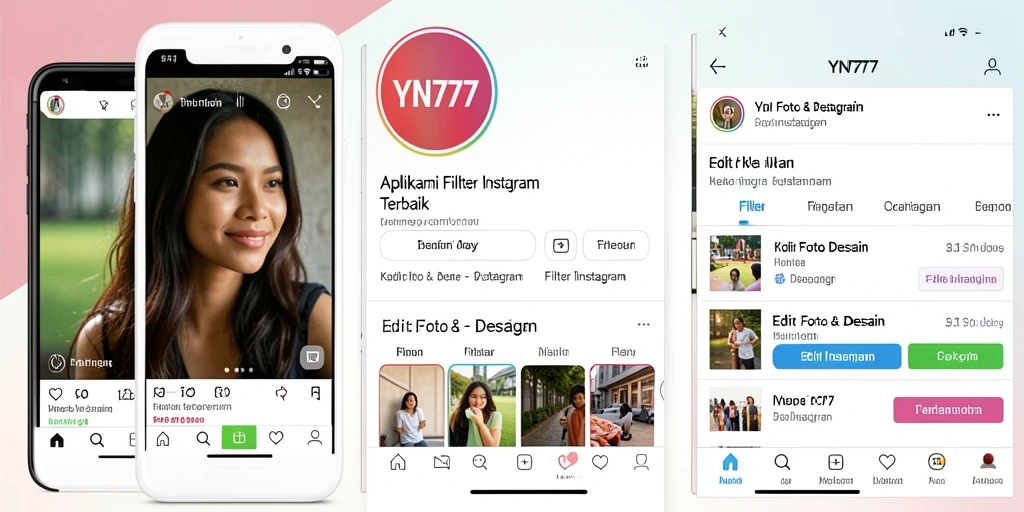 Screenshot antarmuka aplikasi YN777 dengan berbagai pilihan filter Instagram.
